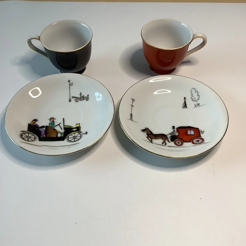 Ucagco Japan Ceramic Cup & Saucer‎ Horse Drawn Carriage Red & Black w/ Gold Rim